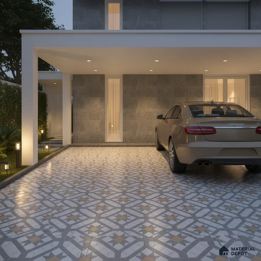 Modern parking with geometric patterned floor tiles and grey stone wall cladding