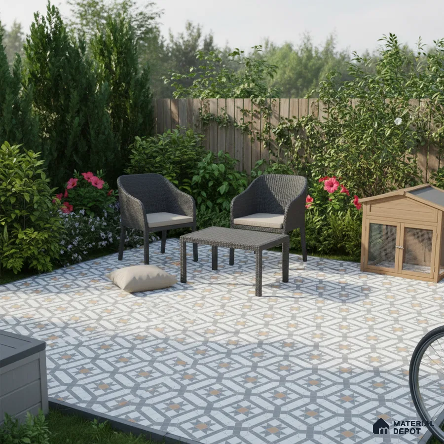 Modern outdoor patio with geometric patterned floor tiles and wicker furniture