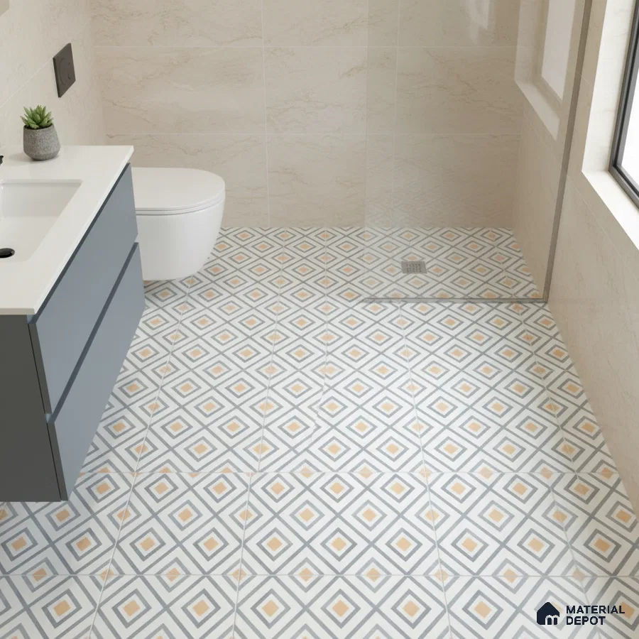 Modern bathroom with geometric patterned floor tiles and beige marble-look wall tiles