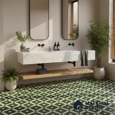 Modern bathroom with white marble countertop and green geometric patterned floor tiles