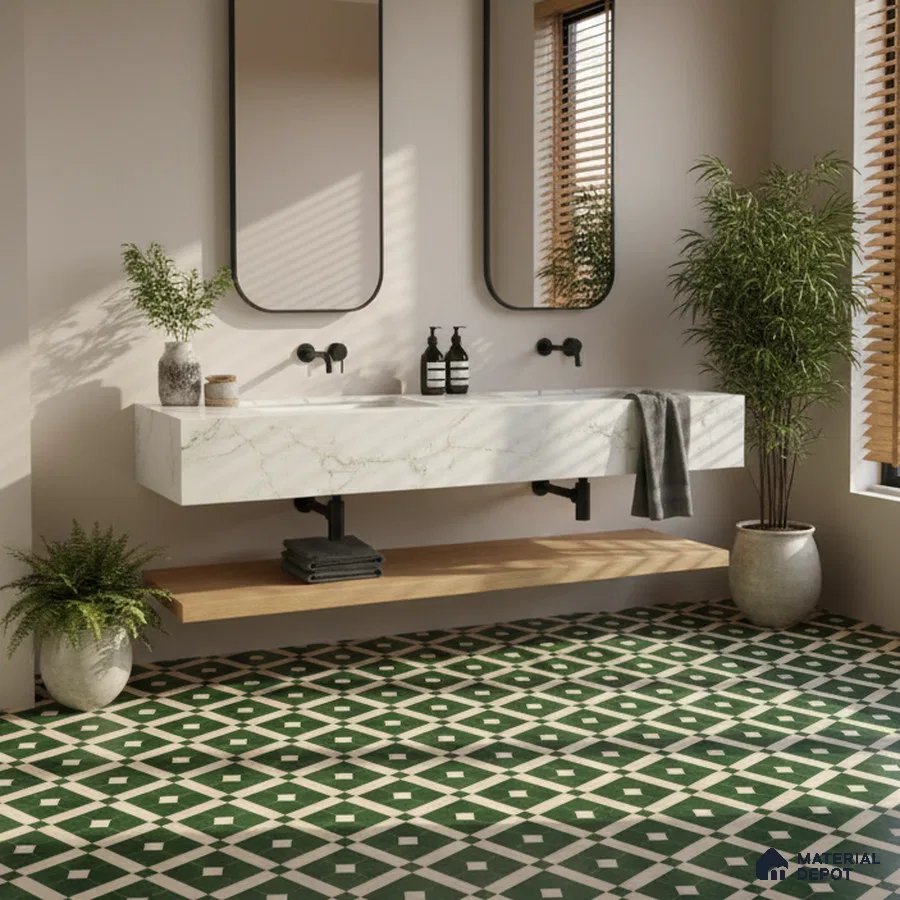 Modern bathroom with white marble countertop and green geometric patterned floor tiles