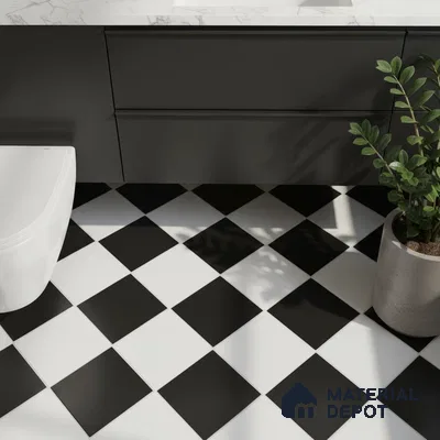 Modern bathroom with black vanity, marble countertop, and black-and-white checkerboard floor tiles