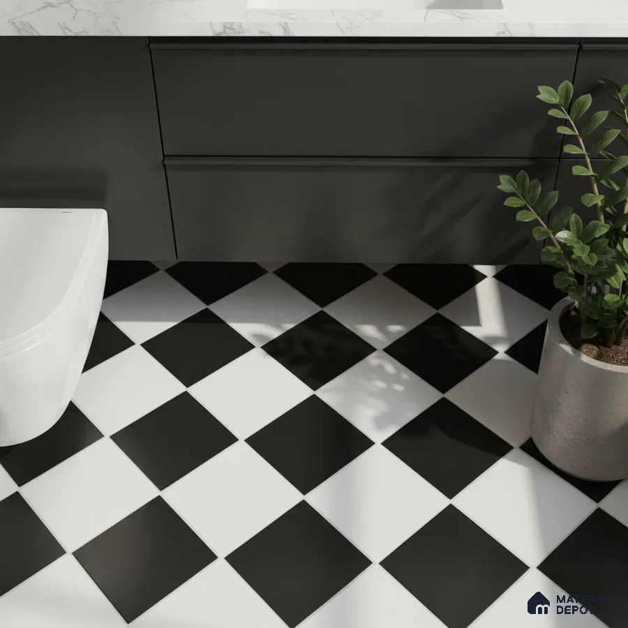 Modern bathroom with black vanity, marble countertop, and black-and-white checkerboard floor tiles
