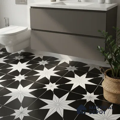 Modern bathroom with matte grey vanity and black-and-white geometric star patterned floor tiles