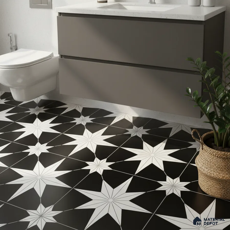 Modern bathroom with matte grey vanity and black-and-white geometric star patterned floor tiles