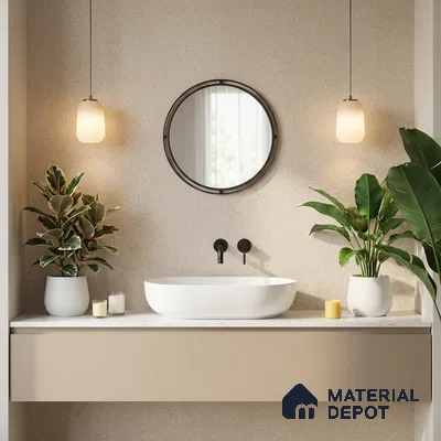 Minimalist bathroom with beige textured wall tile, white countertop basin, and matte beige vanity