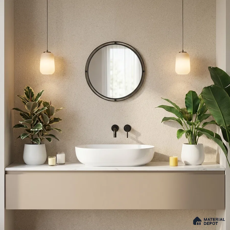 Minimalist bathroom with beige textured wall tile, white countertop basin, and matte beige vanity