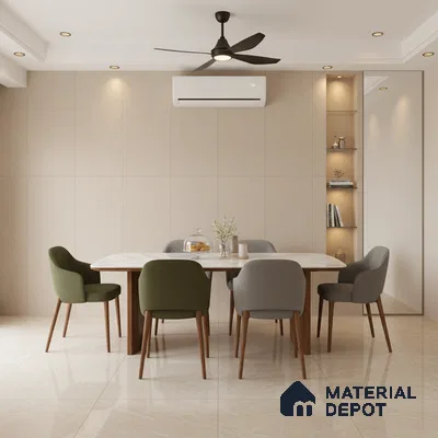 Minimalist dining room with beige marble floor tiles and matte beige wall panels