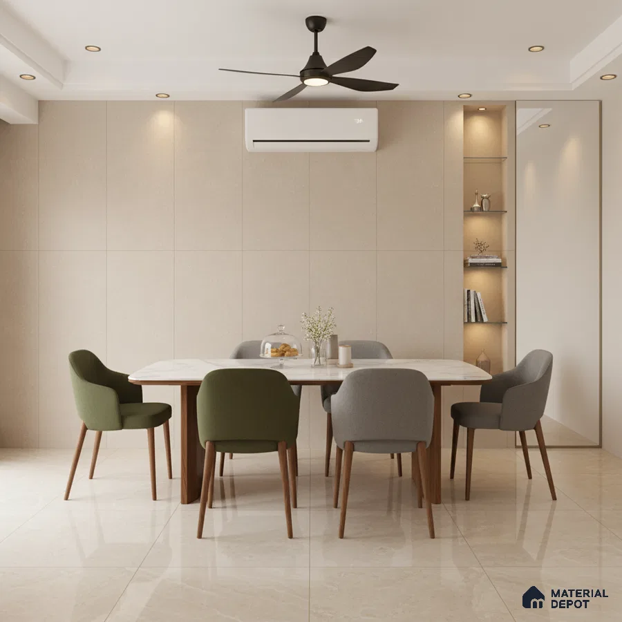 Minimalist dining room with beige marble floor tiles and matte beige wall panels