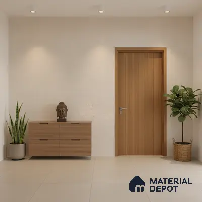 Minimalist foyer with light beige floor tiles and natural oak laminate console