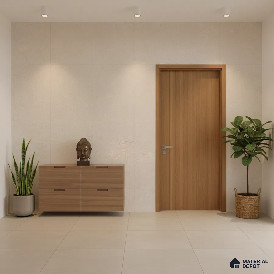 Minimalist foyer with light beige floor tiles and natural oak laminate console