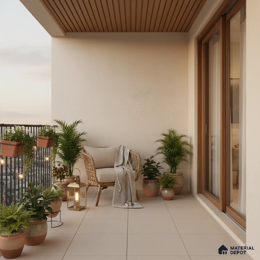 Scandinavian balcony with beige floor tiles, wooden ceiling panels, and rattan furniture