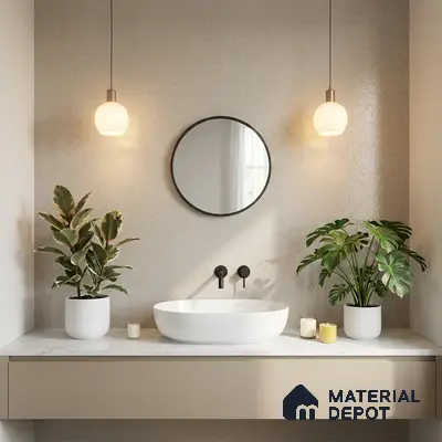 Minimalist bathroom with beige terrazzo wall tile and white marble countertop
