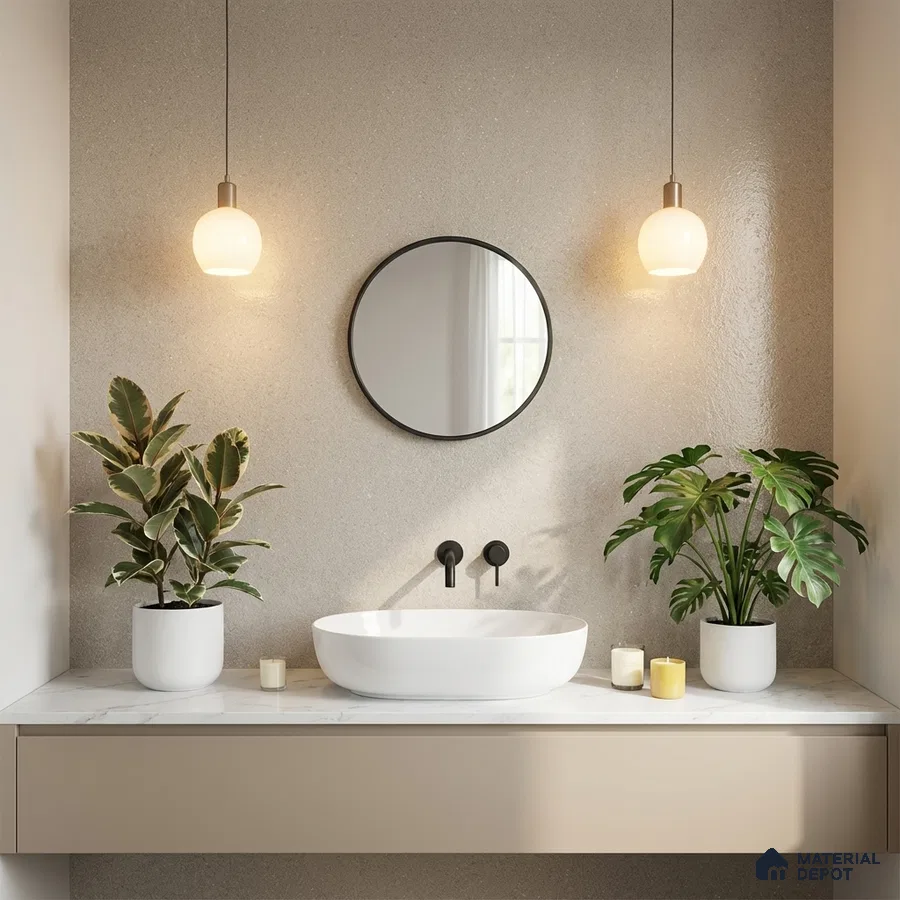 Minimalist bathroom with beige terrazzo wall tile and white marble countertop