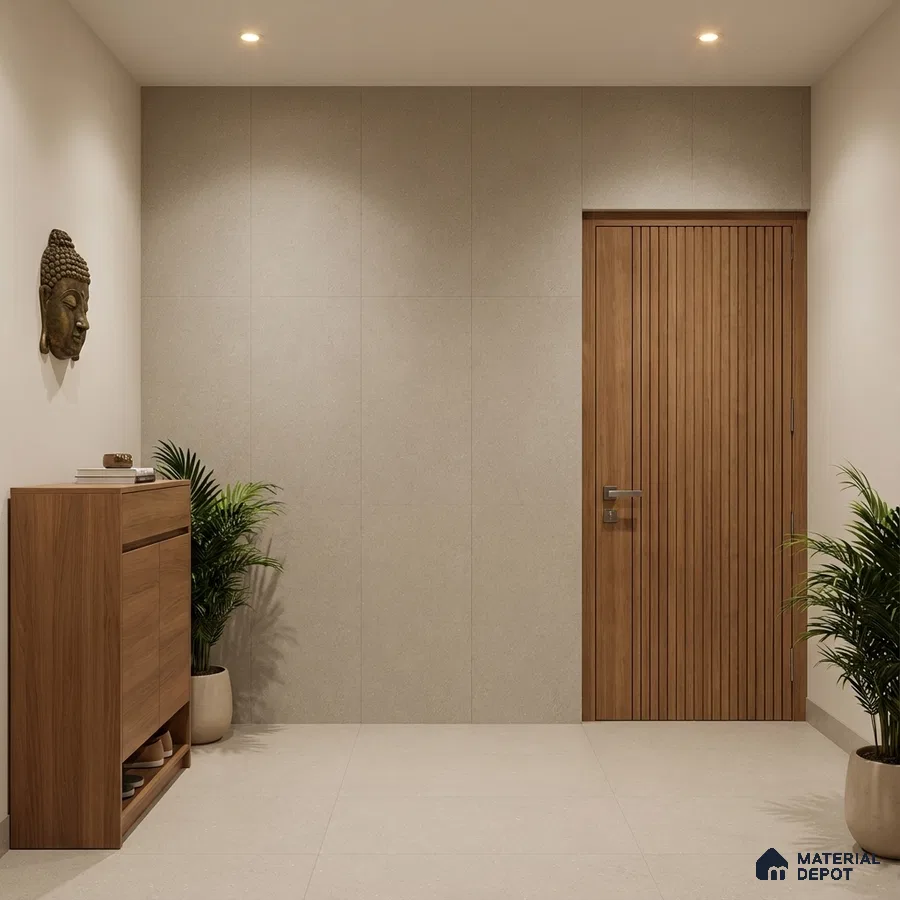 Minimalist foyer with light beige stone tiles and walnut wood laminate door and console
