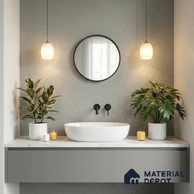 Minimalist bathroom with grey textured wall, matte grey vanity, and white marble countertop