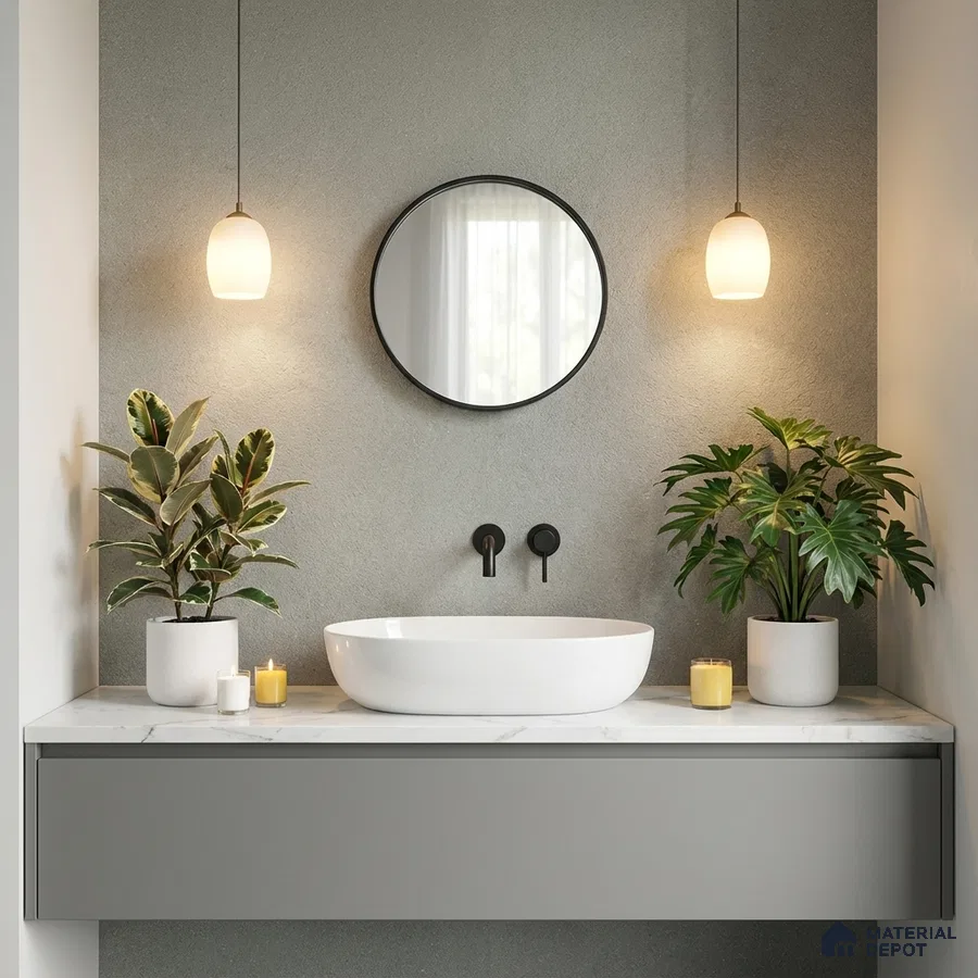 Minimalist bathroom with grey textured wall, matte grey vanity, and white marble countertop