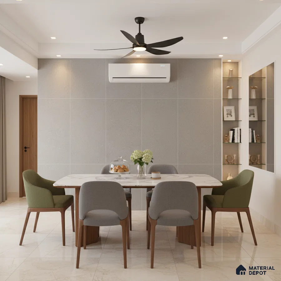 Modern dining room with marble top table, grey wall tiles, and beige marble floor tiles