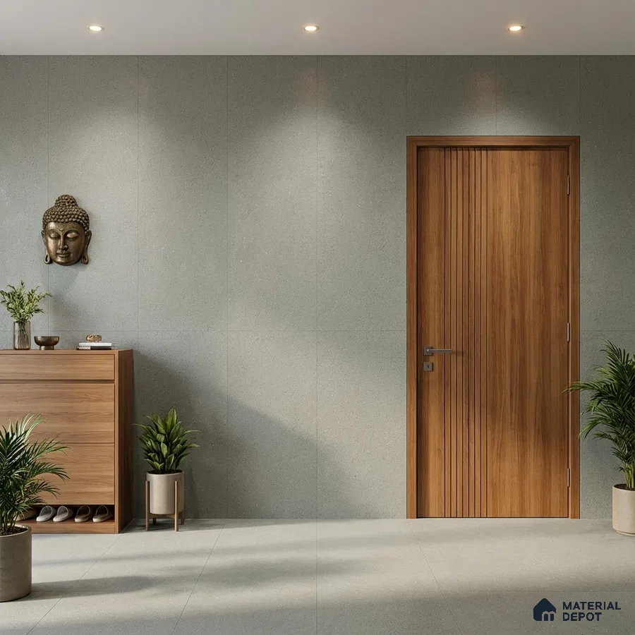 Minimalist foyer with light grey stone wall tiles and walnut wood laminate door and console