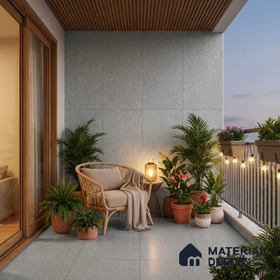 Scandinavian balcony with terrazzo floor tiles, grey wall panels, and wooden louver ceiling