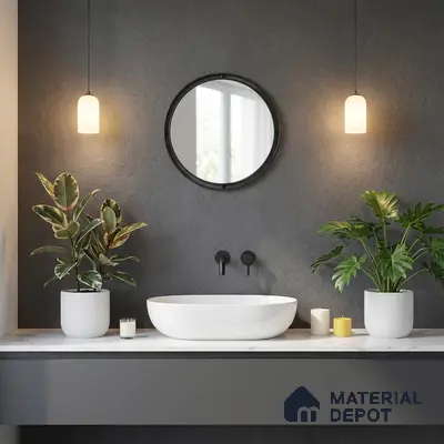 Minimalist bathroom with matte charcoal wall, white marble countertop, and sleek grey vanity
