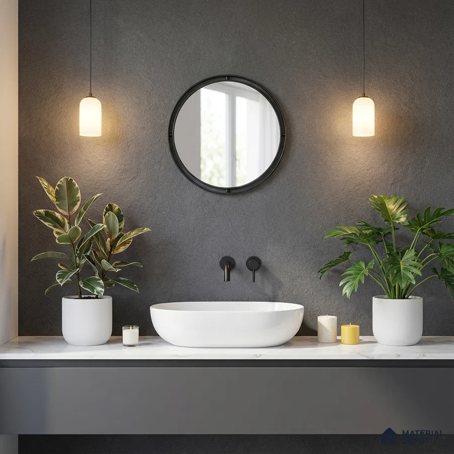 Minimalist bathroom with matte charcoal wall, white marble countertop, and sleek grey vanity