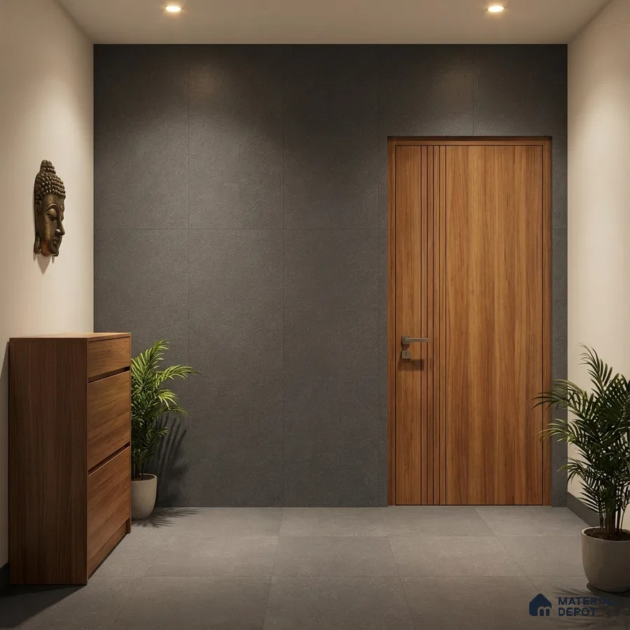 Minimalist foyer with walnut wood laminate, charcoal grey stone wall tiles, and matte grey floor tiles
