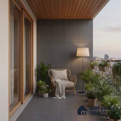 Scandinavian balcony with grey floor tiles, wood ceiling panels, and cozy rattan seating