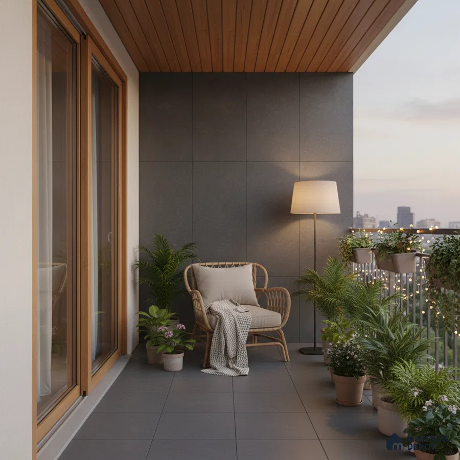 Scandinavian balcony with grey floor tiles, wood ceiling panels, and cozy rattan seating