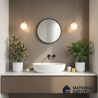 Minimalist bathroom with taupe matte vanity, white marble countertop, and textured taupe wall