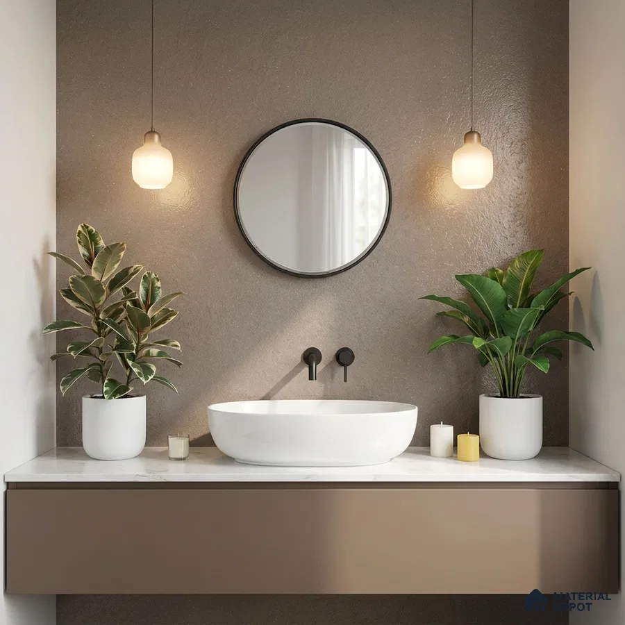 Minimalist bathroom with taupe matte vanity, white marble countertop, and textured taupe wall