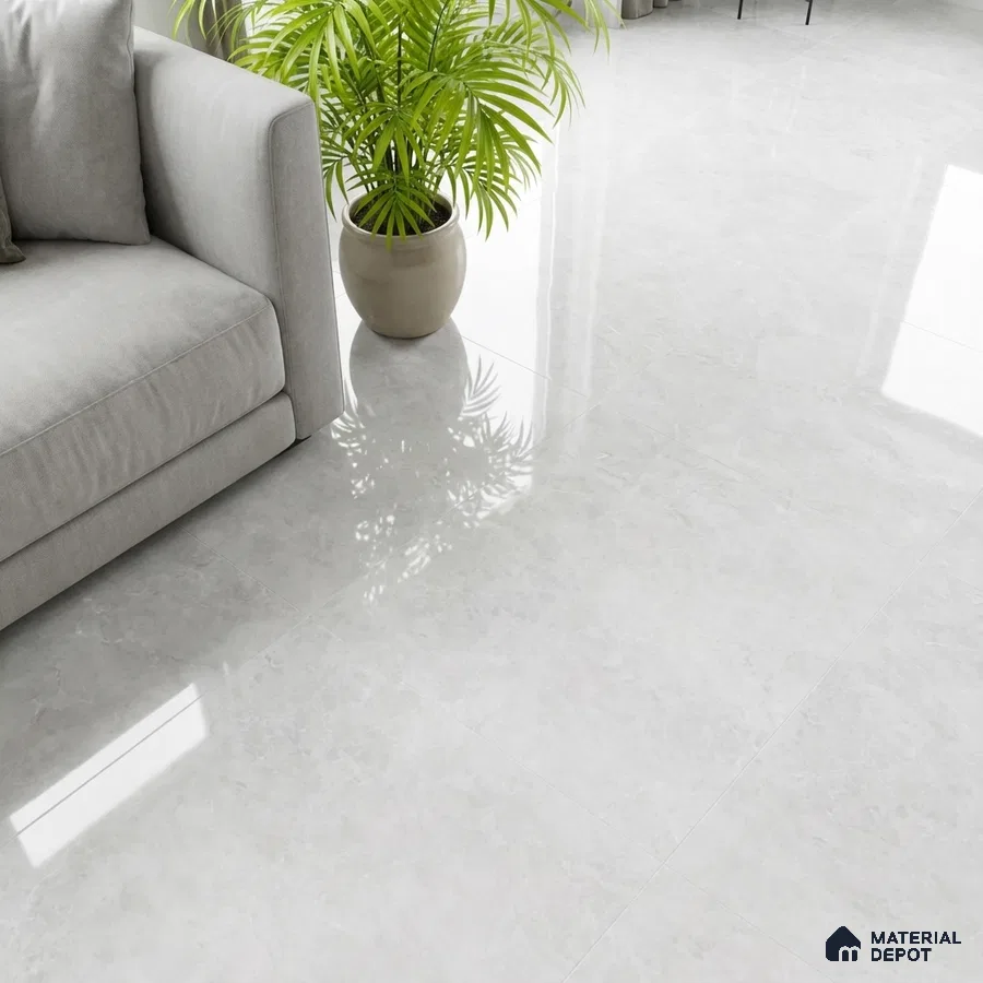 Minimalist living room with light grey marble-look glossy floor tiles and neutral fabric sofa