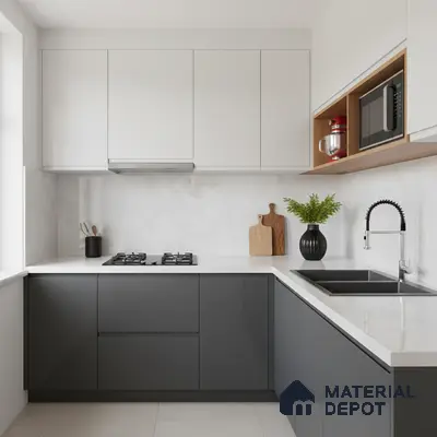 Minimalist dual tone kitchen with matte grey and frosty white laminate, white marble-look quartz countertop
