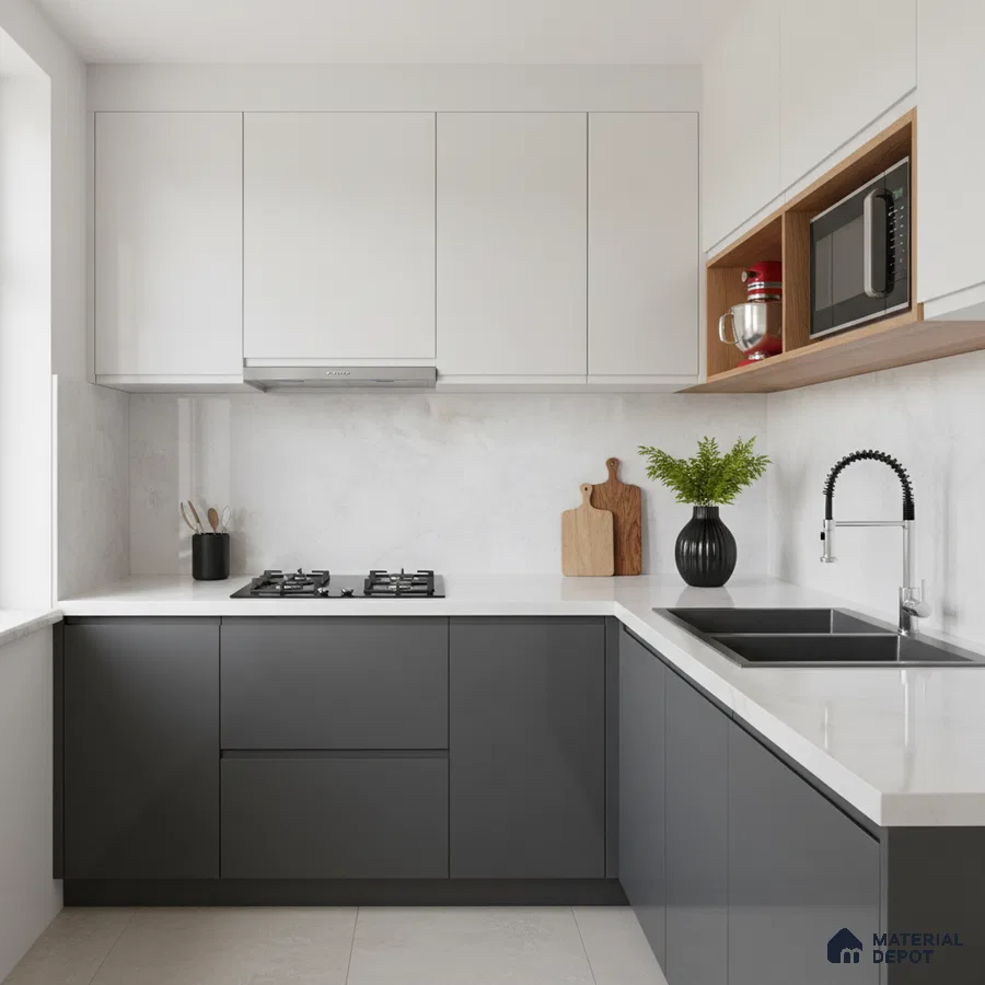 Minimalist dual tone kitchen with matte grey and frosty white laminate, white marble-look quartz countertop