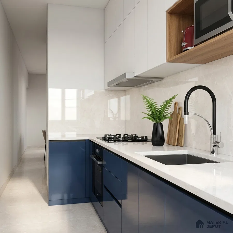 Modern kitchen with navy blue high gloss laminate, frosty white laminate, and white marble backsplash