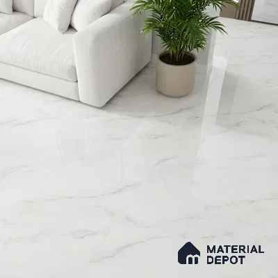 Minimalist living room with white marble-look floor tiles and neutral sofa