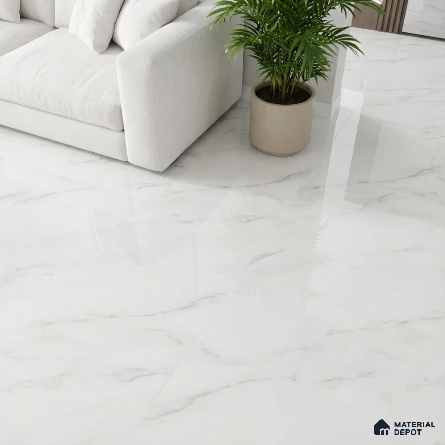 Minimalist living room with white marble-look floor tiles and neutral sofa