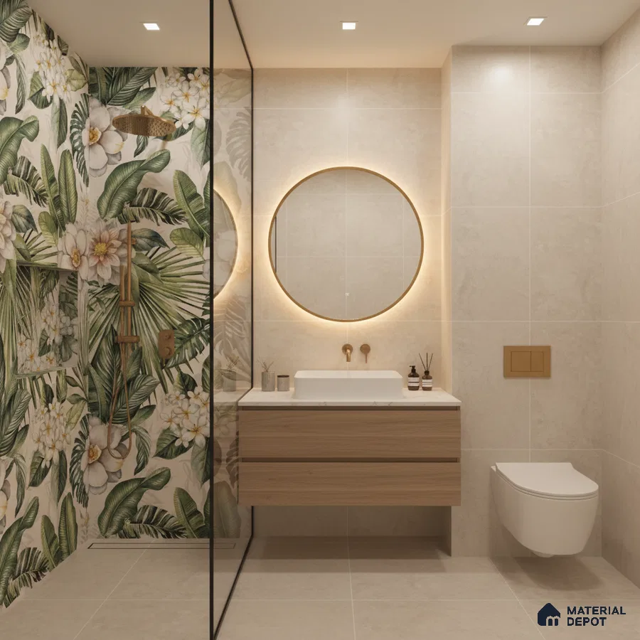 Modern bathroom with tropical floral highlighter wall tile and beige stone-look tiles