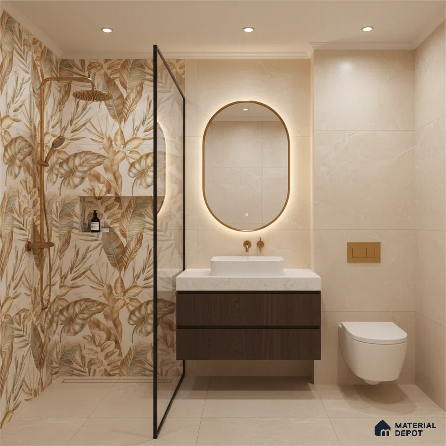 Modern bathroom with tropical floral highlighter wall tiles, beige marble-look tiles, and walnut vanity