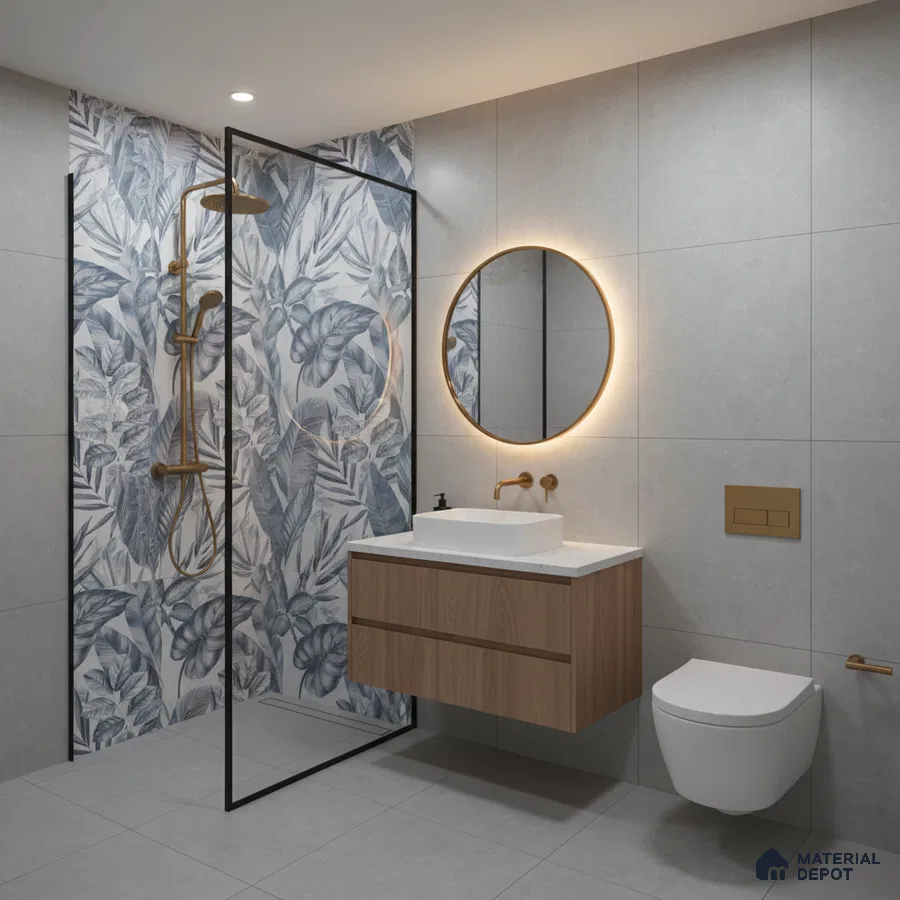 Modern bathroom with blue tropical highlighter wall tile, grey matte wall tile, and wood laminate floating vanity