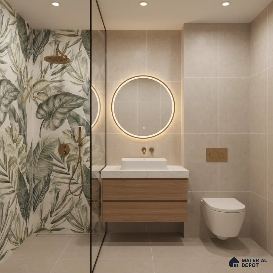 Modern bathroom with tropical leaf highlighter wall tile, beige stone wall tile, and wood vanity