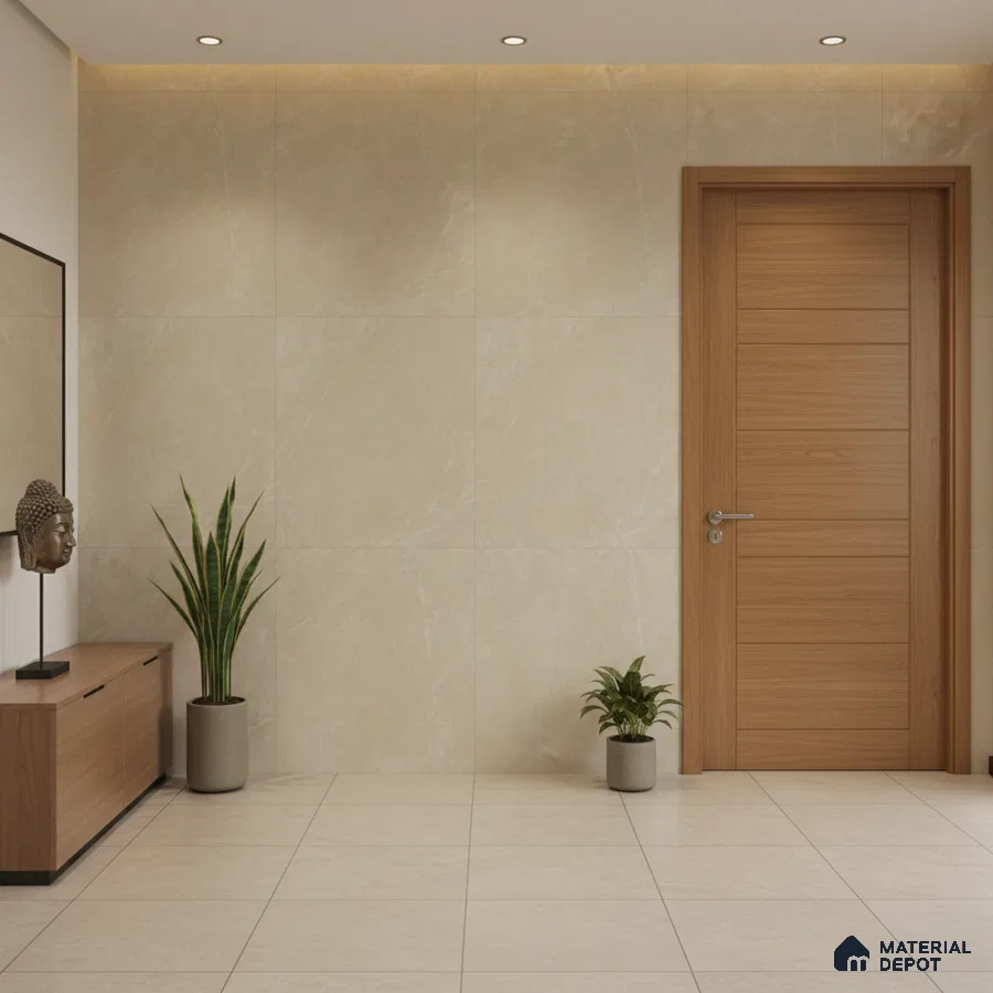 Modern foyer with beige marble-look wall tiles, light beige floor tiles, and natural wood laminate door