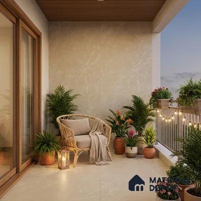 Scandinavian balcony with beige marble-look tiles, wooden ceiling louvers, and natural planters