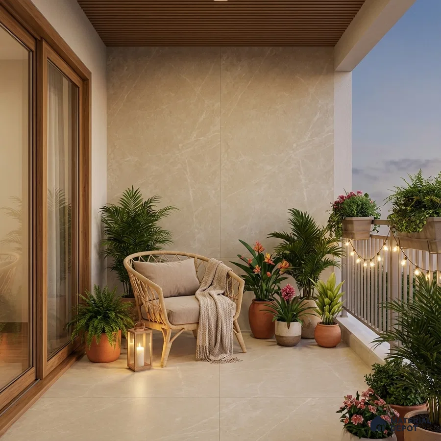 Scandinavian balcony with beige marble-look tiles, wooden ceiling louvers, and natural planters