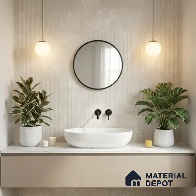 Minimalist bathroom with beige fluted marble wall tiles and white marble countertop