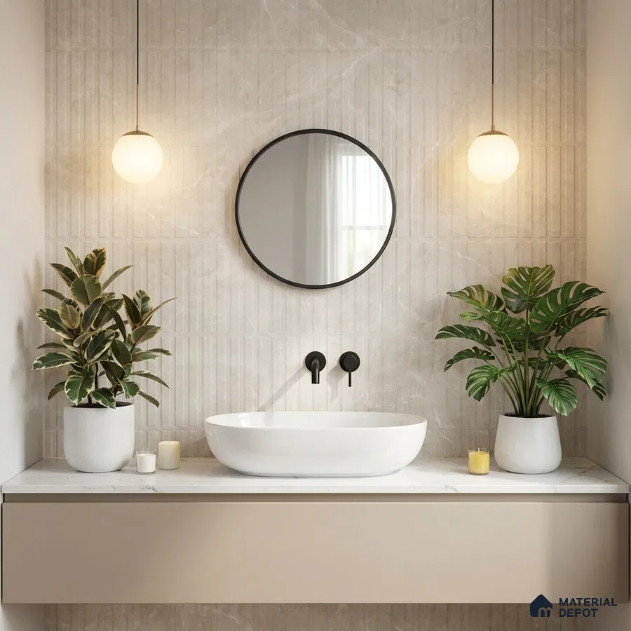 Minimalist bathroom with beige fluted marble wall tiles and white marble countertop
