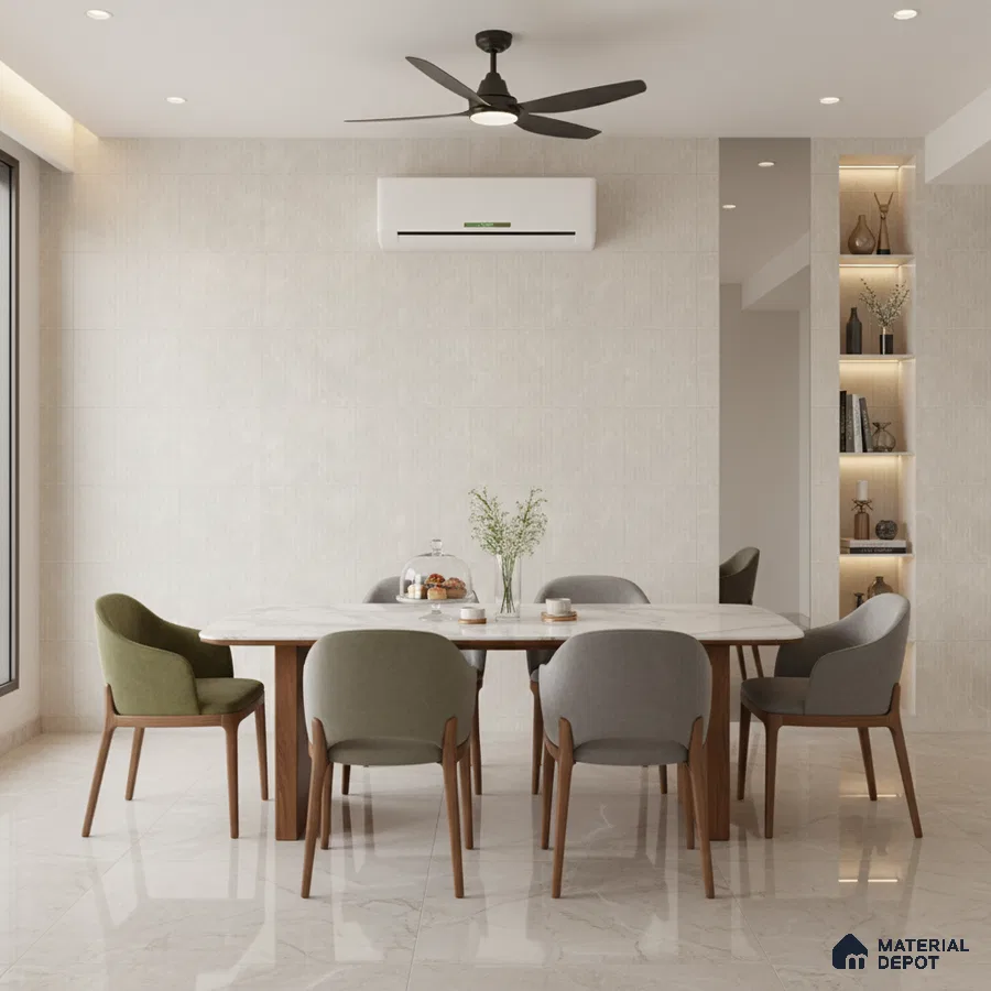 Minimalist dining room with marble-look floor tiles and white textured wall tiles