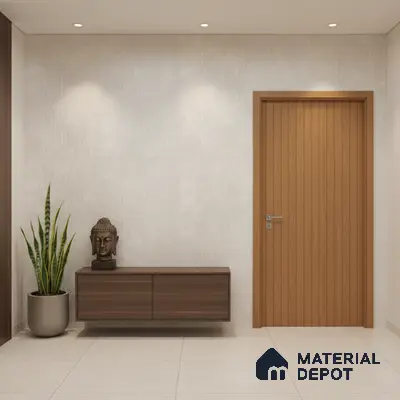 Modern foyer with walnut brown laminate console, light beige textured wall tile, and large format floor tiles