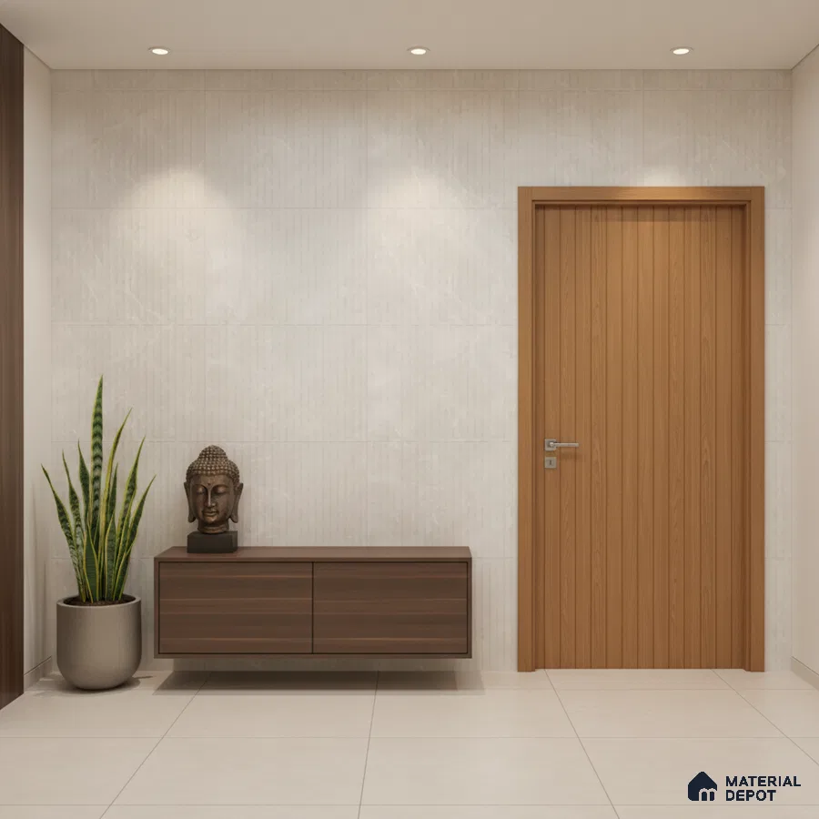 Modern foyer with walnut brown laminate console, light beige textured wall tile, and large format floor tiles