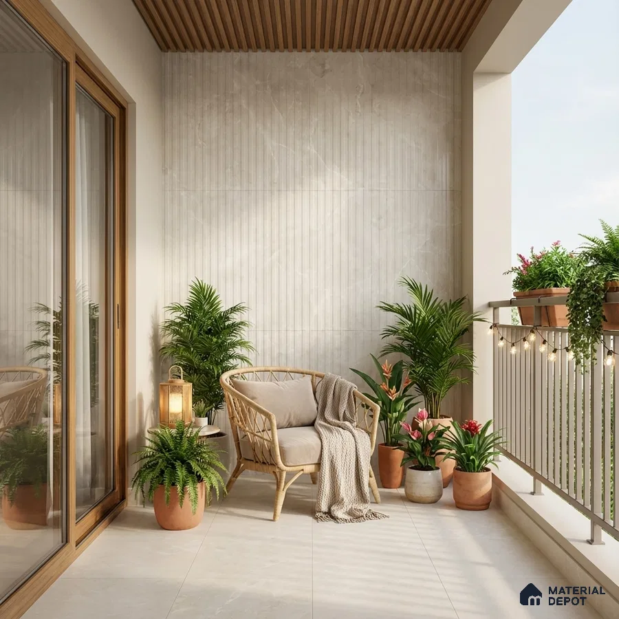 Scandinavian balcony with beige marble-look floor tiles, fluted wall tiles, and wooden ceiling louvers